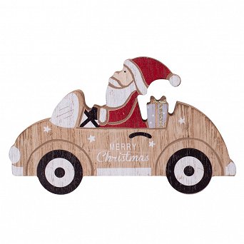 ALTOM DESIGN ozdoba na Boże Narodzenie figurka drewniana Mikołaj w samochodzie 16x9,5x2 cm