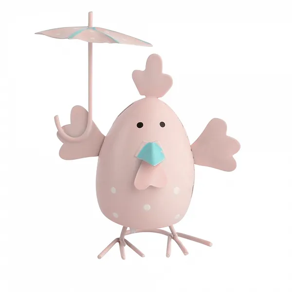 ALTOM DESIGN figurka metalowa ozdoba na Wielkanoc kurka jasnoróżowa z rozłożoną parasolką 7x9 cm