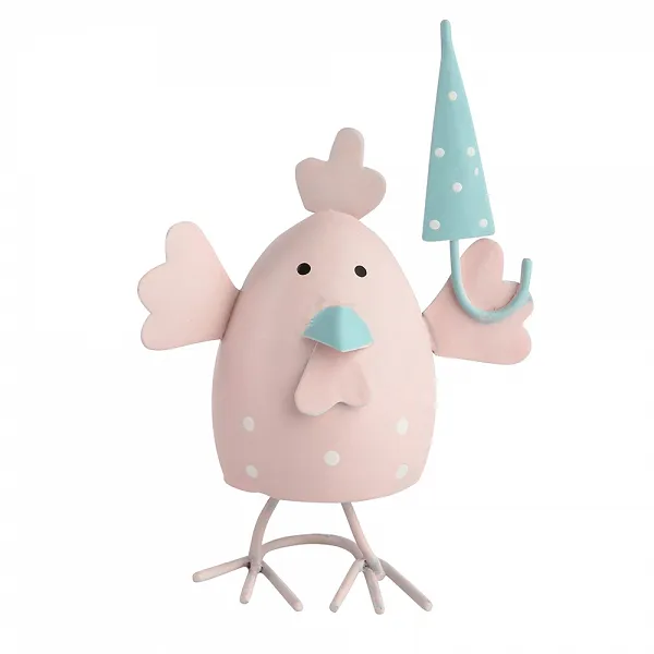 ALTOM DESIGN figurka metalowa ozdoba na Wielkanoc kurka jasnoróżowa z parasolką 7x9 cm