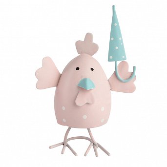 ALTOM DESIGN figurka metalowa ozdoba na Wielkanoc kurka jasnoróżowa z parasolką 7x9 cm