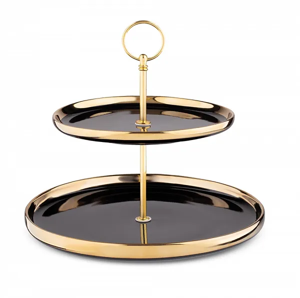 ALTOM DESIGN GOLD DREAM Paterka porcelanowa dwupoziomowa etażerka czarna