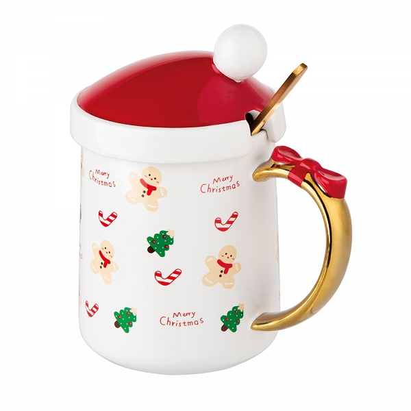 ALTOM DESIGN świąteczny kubek do kawy i herbaty porcelanowy na prezent 350 ml z pokrywką i złotą łyżeczką DEK. B