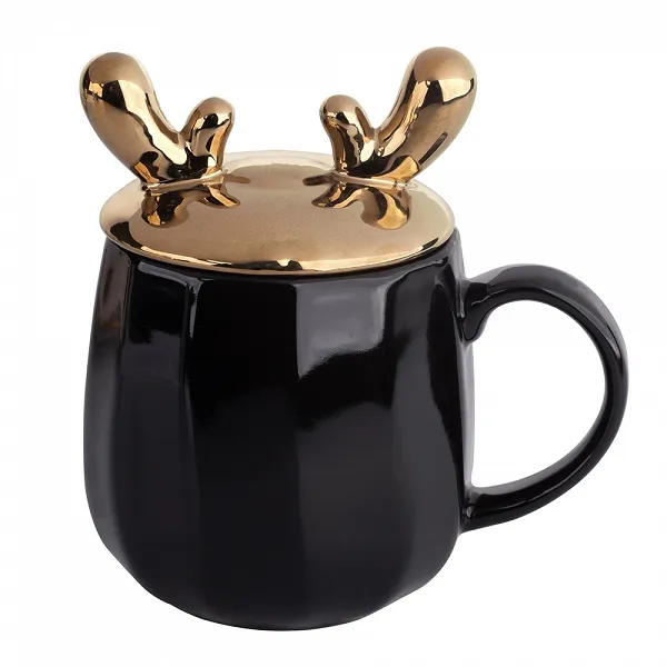 ALTOM DESIGN kubek świąteczny na prezent porcelanowy z pokrywką w kształcie rogów renifera czarny 400 ml