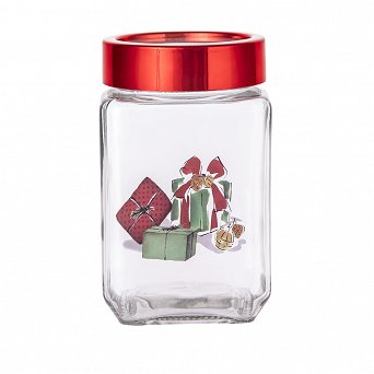 ALTOM DESIGN KLASYKA ŚWIĄT pojemnik szklany z dekoracją prezenty i czerwoną pokrywką 700ml