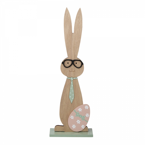 ALTOM DESIGN figurka drewniana ozdoba na Wielkanoc zając w dużych okularach z pisanką 31x12cm