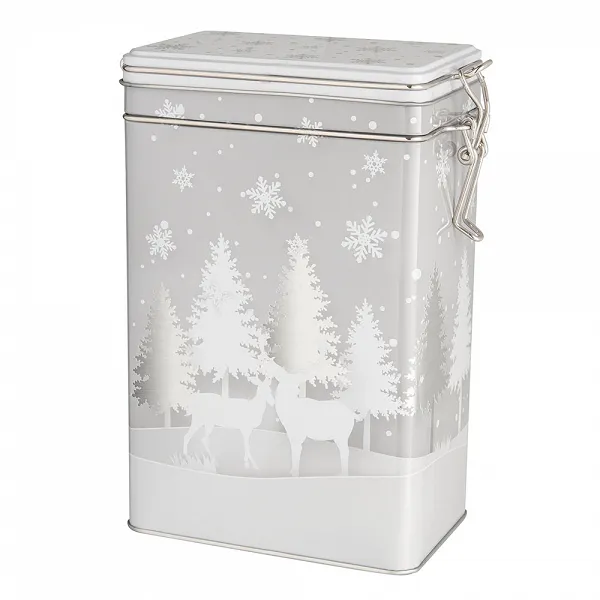 ALTOM DESIGN puszka z klipsem na ciastka i pierniki świąteczne Boże Narodzenie 12X8X19 cm DEK. SREBRNE CHOINKI