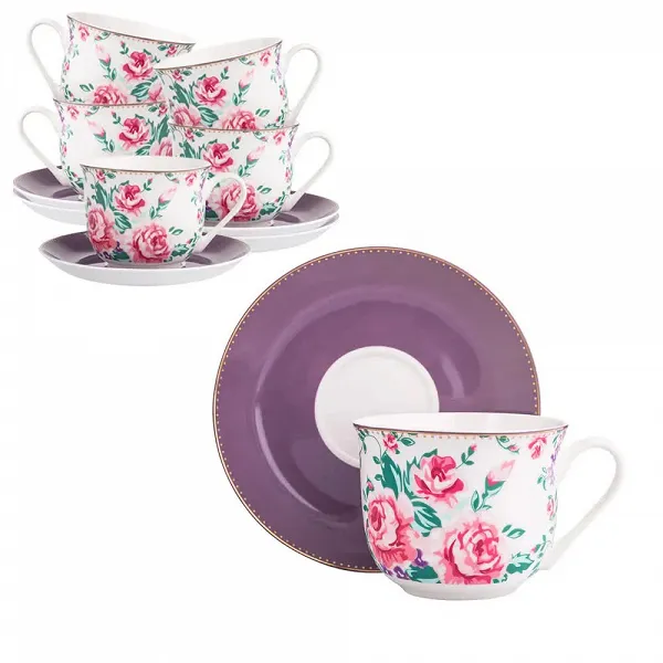 ALTOM DESIGN CHARLOTTA zestaw 6 sztuk filiżanka jumbo porcelanowa w kwiaty ze spodkiem 400 ml 16,5 cm w opasce