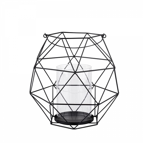 ALTOM DESIGN świecznik metalowy geometryczny z wkładem szklanym i uchwytem 22x22x22 cm czarny