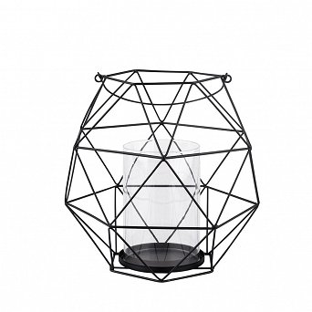 ALTOM DESIGN świecznik metalowy geometryczny z wkładem szklanym i uchwytem 22x22x22 cm czarny