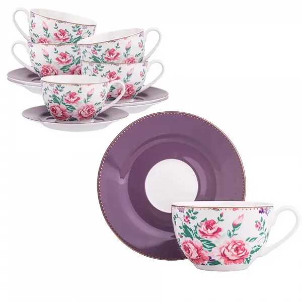 ALTOM DESIGN CHARLOTTA zestaw 6 sztuk filiżanka do kawy, herbaty porcelanowa w kwiaty ze spodkiem 200 ml 15 cm