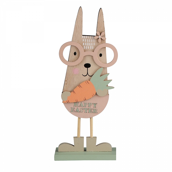 ALTOM DESIGN figurka drewniana ozdoba na Wielkanoc zając w dużych okularach z marchewką 21x8,5cm dek. HAPPY EASTER