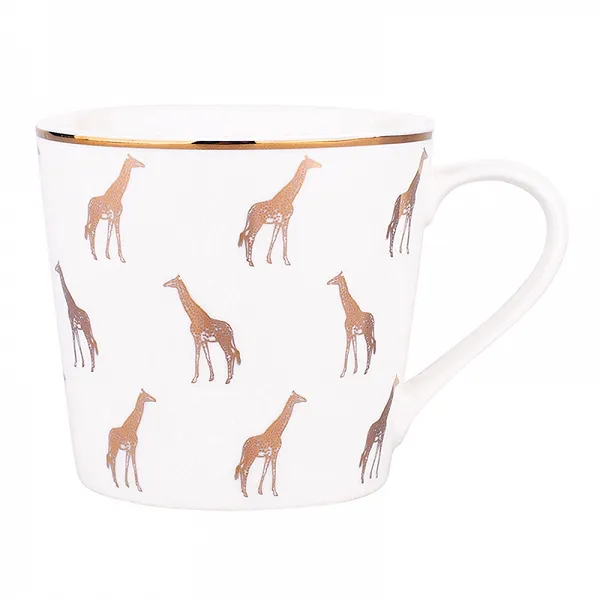 ALTOM DESIGN duży kubek do kawy i herbaty wysoki porcelanowy 350 ML DEK. GOLD GIRAFFE BIAŁY