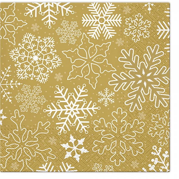 AKU komplet 20 serwetek papierowych na Boże Narodzenie 33x33cm, dek. płatki śniegu na złotym tle